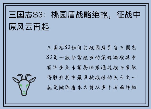 三国志S3：桃园盾战略绝艳，征战中原风云再起